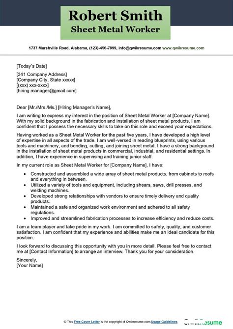 Sheet Metal Worker Cover Letter: Templates & Writing Guide